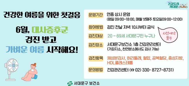 □ 대사증후군 무료 검사 및 상담 안내 - 검진기간 : 연중 상시 운영 - 검진방법 : 검진 전날 저녁 10시부터 금식(사전 전화예약 필수!) - 검진대상 : 20~69세 서대문구 지역주민 - 검진장소 : 보건소 1층 건강관리센터 - 검진항목 : 체성분검사, 허리둘레, 혈압, 공복혈당, 중성지방, HDL콜레스테롤 - 관련문의 : 서대문구보건소 건강증진팀 ☎330-8727~8731