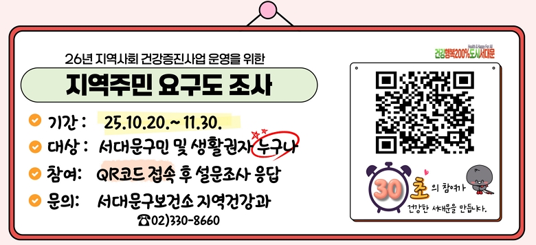 - 26년 지역사회 건강증진사업 운영을 위한 <지역주민 요구도 조사> ∘기간: 25.10.20.(월) ~ 11.30.(일) ∘대상: 서대문구민 및 생활권자 누구나 ∘참여방법: 하단의 QR코드 접속 후 설문 응답 ∘문의: 서대문구보건소 지역건강과 02)330-8660 ★ 30초의 참여가 건강한 서대문을 만듭니다.