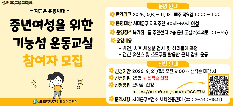 - 지금은 운동시대 - 중년여성을 위한 기능성 운동교실  참여자 모집 운영기간 : 2026.10.8. ~ 2026.11.12. 매주 목요일 10:00 ~ 11:00 운영장소: 북가좌 1동 주민센터 2층 문화교실2(수색로 100-55) 참여대상 : 서대문구 지역주민 40세~69세 여성 운영내용   - 사전, 사후 체성분 검사 및 허리둘레 측정  - 전신 유산소 및 소도구를 활용한 근력 강화 운동 신청기간 : 2026.09.21.(월) 09:00 ~ 선착순 마감 시 신청인원 : 25명 ※선착순 신청방법 : 모아폼 신청 https://moaform.com/q/OCCF7M 신청방법 : 서대문구보건소 체력인증센터 (☎ 02-330-1831)