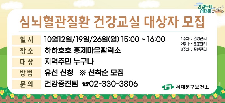 교 육 명 : 2026년 10월 심뇌혈관질환 건강교실 운영 - 모집기간 : 2026. 9. 21.(월)부터 ~ 대상자 모집마감시까지 - 모집대상 : 지역주민 누구나(유선신청) ※ 선착순 모집 - 교육일시 : 10월 12일/19일/26일(월) 15:00~16:00 - 교육장소 : 하하호호 홍제마을활력소 - 교육내용 : 심뇌혈관질환 영양관리/운동관리/질환관리 - 관련문의 : 서대문구보건소 건강증진팀 ☎330-3806