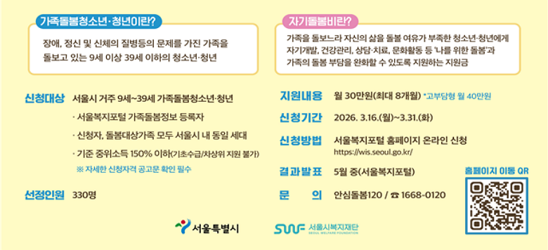 '2026�� ������� ��������û�ҳ⡤û�� �ڱ⵹���� ���������ȫ��  �������Դϴ�. ������ �����ų� ���踦 å������ �ִ� ��������û���� ���ء������  ��������û�ҳ⡤û�� �ڱ⵹���� ����������� �����ϰ� �ֽ��ϴ�. ���������� Ȯ���Ͻð� ��û���ּ���. 1. ��û�Ⱓ: 2026. 3. 16.(��) ~ 3. 31.(ȭ) 2. ��û���: ���� ���� 9��~39�� ��������û�ҳ⡤û��(���� �����ҵ� 150% ����)   * ���ʼ���/������ ���� �Ұ� 3. ��������: �ڱ���, �н�, �޽� �� �ڱ⵹�� �� �������� �δ� ��ȭ�� ���� �ڱ⵹���� �� 30�� ��(���δ��� 40�� ��) �ִ� 8���� ����  �� ���δ���: ��������ڰ� ��������Ρ�������ġ��ȯ �� ���� �δ��� ū ��� 4. ��û��� : ���ﺹ�������� ���� �¶��� ��û  5. ����: ����� �Ƚ�120 �ݼ��� �� 1668-0120