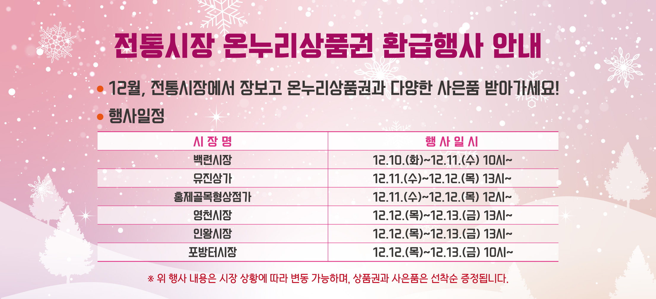  ´ǰ ȯ ȳ 12, 忡 庸 ´ǰǰ پ ǰ ޾ư!   Ͻ ý 12.10.(ȭ)~12.11() 10~  12.11.()~12.12.() 13~ ȫ 12.11.()~12.12.() 12~ õ 12.12.()~12.13.() 13~ οս 12.12.()~12.13.() 13~ ͽ 12.12.()~12.13.() 10~     Ȳ   ϸ, ǰǰ ǰ  ˴ϴ.