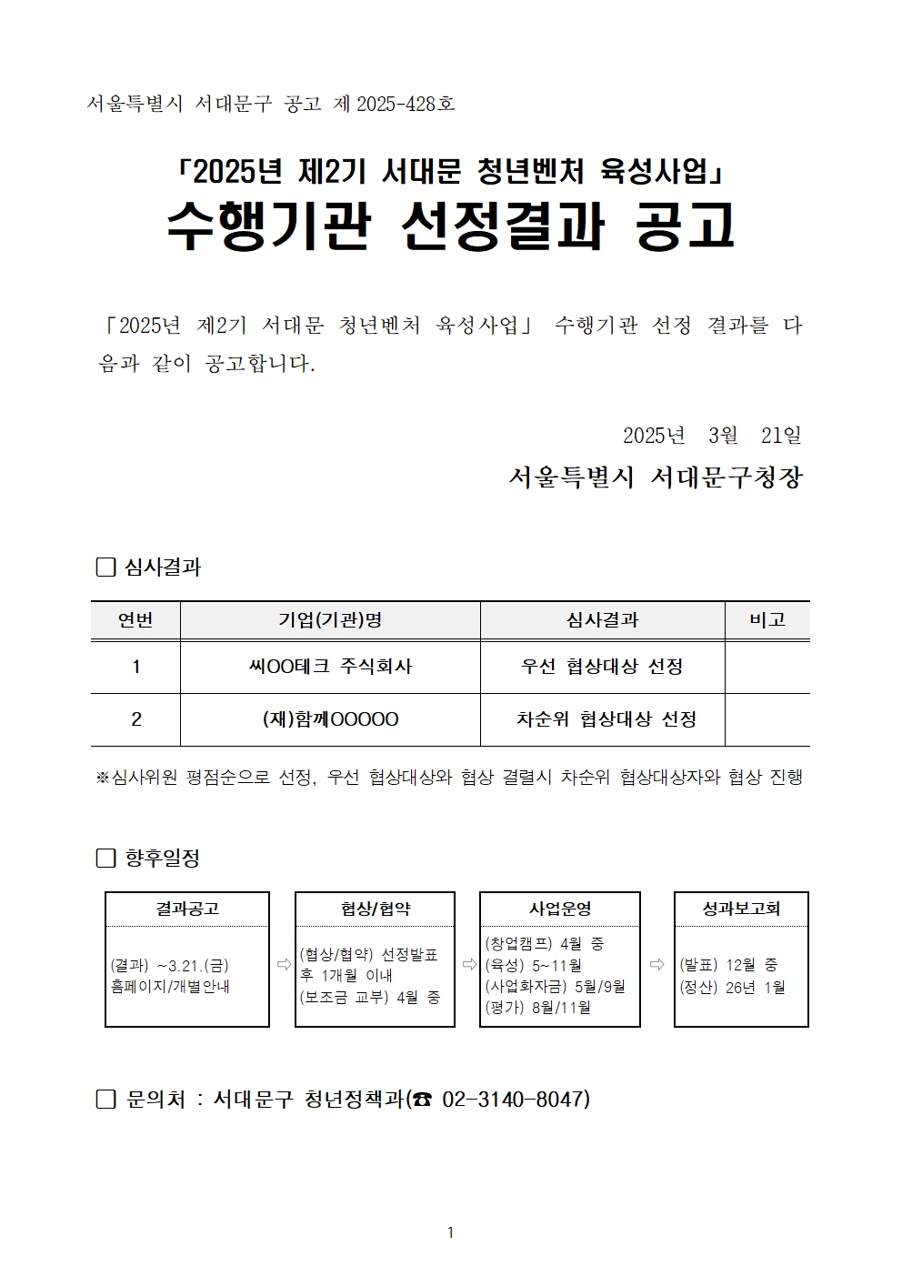 수행기관 선정결과